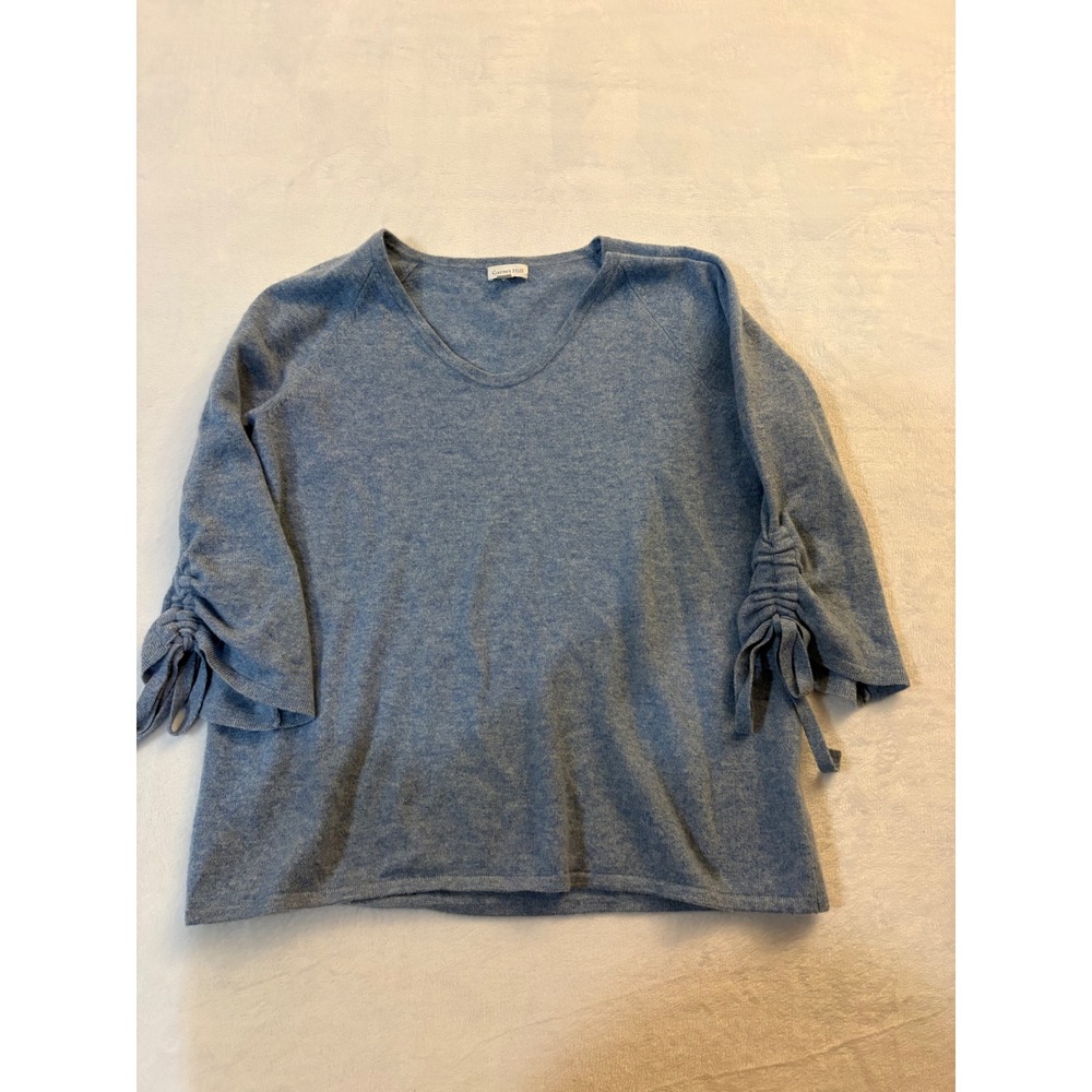 Garnet Hill 100% Cashmere V-Neck Ruched Tie Sleeve Sweater Blue L RN102816